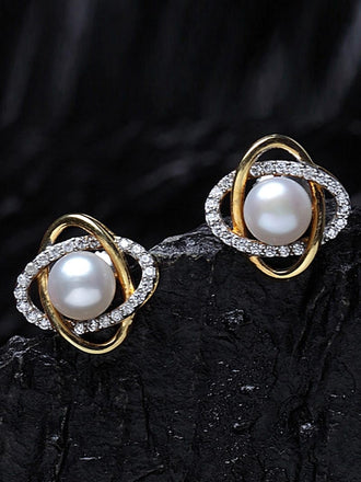 CLARA 925 Sterling Silver Real Pearl Stud knot Earrings | Gold Rhodium Plated, Swiss Zirconia , Screw Back | Gift for Women & Girls