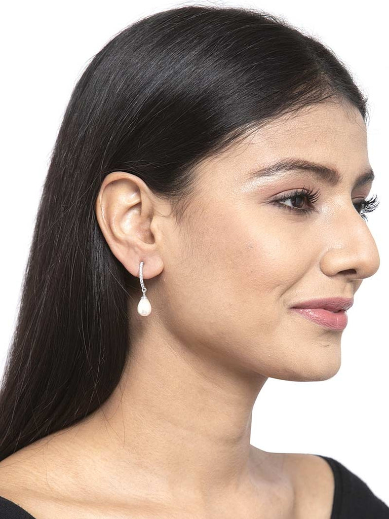 CLARA 925 Sterling Silver Classic Pearl Earrings | Rhodium Plated, Swiss Zirconia , Screw Back | Gift for Women & Girls