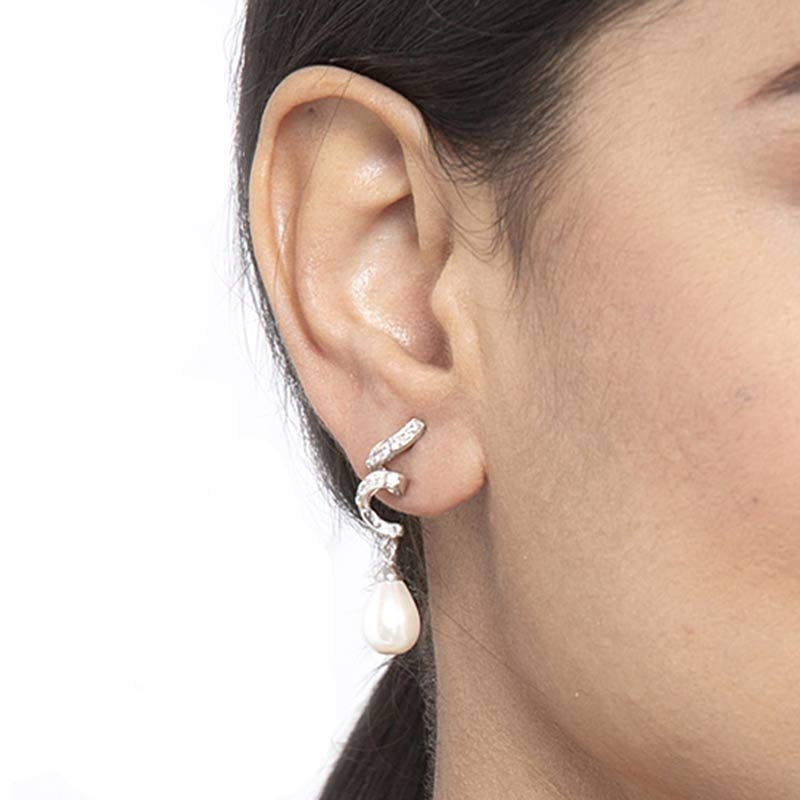 CLARA 925 Sterling Silver Pearl Twist Earrings | Rhodium Plated, Swiss Zirconia, Screw Back | Gift for Women & Girls