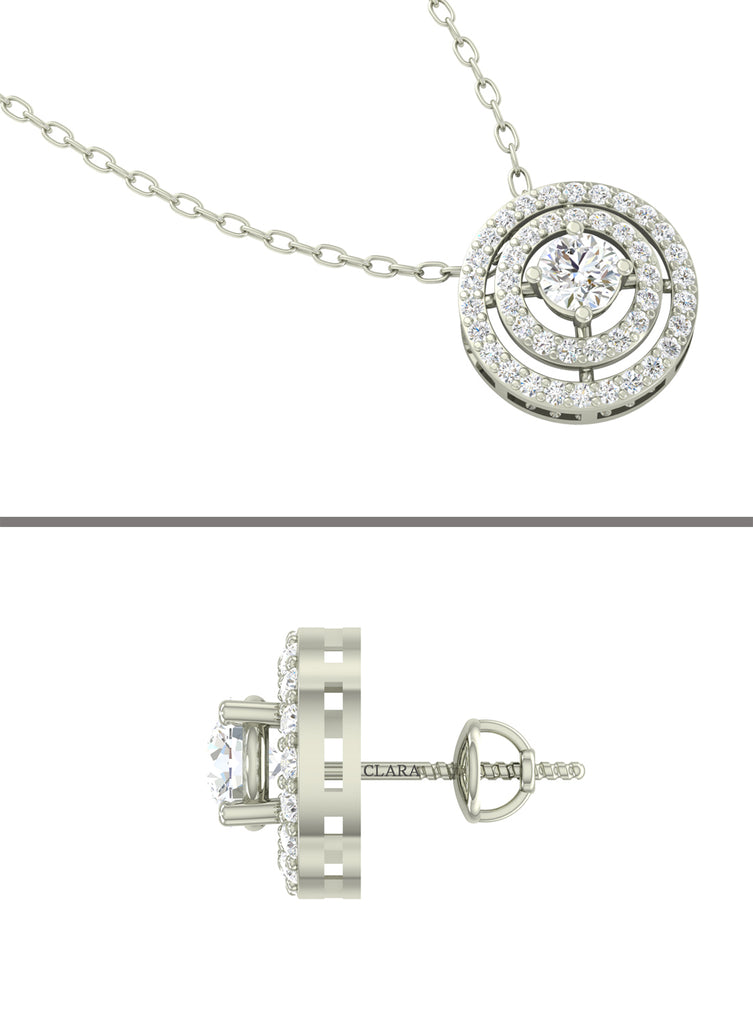 CLARA 925 Sterling Silver Rhodium Plated Halo Pendant Earring Necklace Set with Chain Gift for Women and Girls
