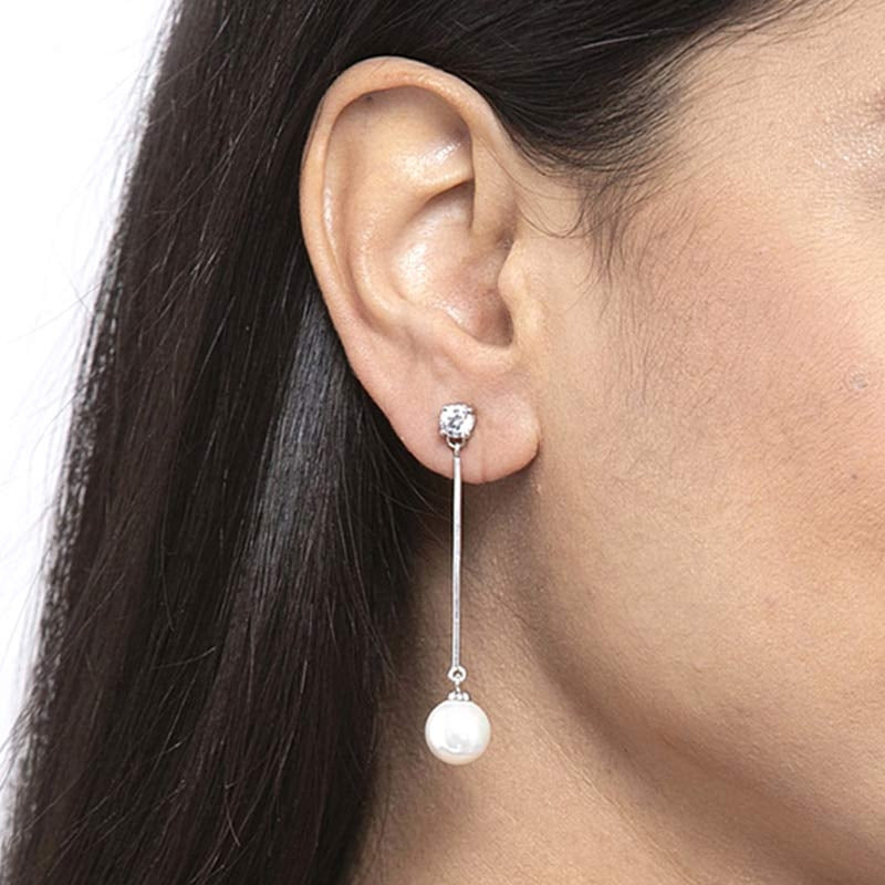 CLARA 925 Sterling Silver Pearl Yua Earrings | Rhodium Plated, Swiss Zirconia , Screw Back | Gift for Women & Girls