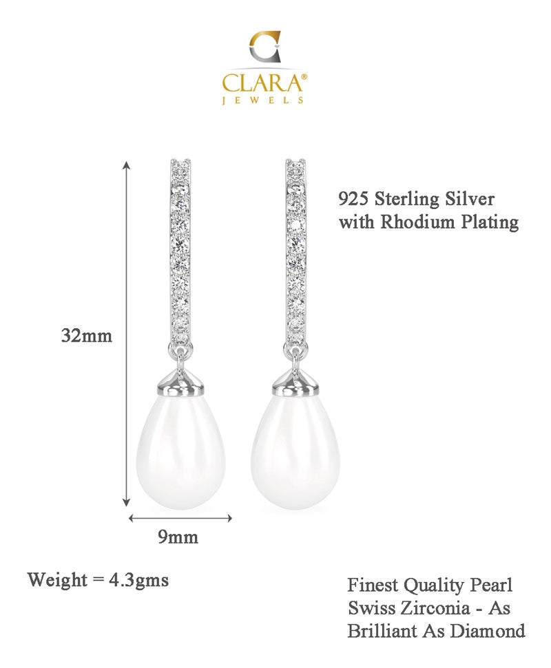 CLARA 925 Sterling Silver Classic Pearl Earrings | Rhodium Plated, Swiss Zirconia , Screw Back | Gift for Women & Girls