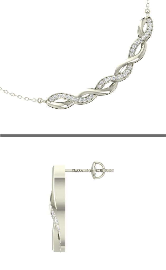 CLARA 925 Sterling Silver Rhodium Plated Twist Pendant Earring Necklace Set with Chain Gift for Women and Girls