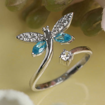 CLARA 925 Sterling Silver Butterfly Open Ring Size Adjustable, Rhodium Plated, Swiss Zirconia Gift for Women & Girls