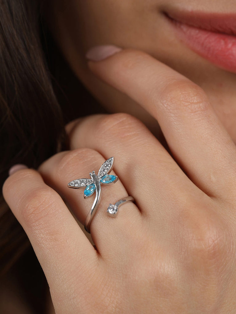 CLARA 925 Sterling Silver Butterfly Open Ring Size Adjustable, Rhodium Plated, Swiss Zirconia Gift for Women & Girls
