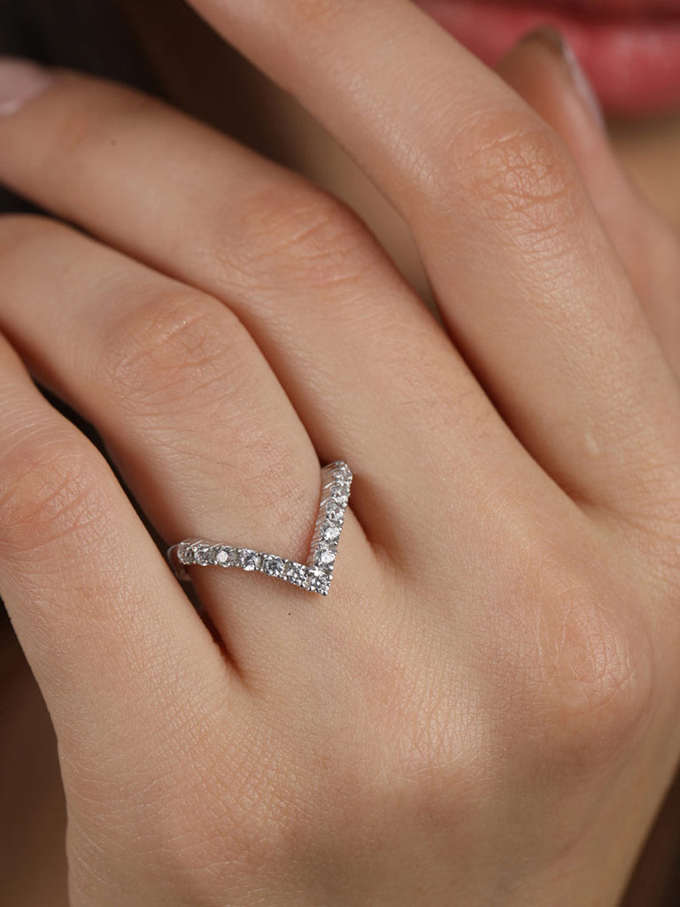 CLARA 925 Sterling Silver V Shape Ring with Adjustable Band Rhodium Plated, Swiss Zirconia Gift for Women & Girls