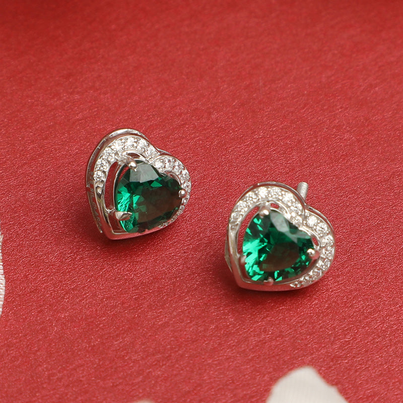 CLARA 925 Sterling Silver Dark Green Heart Earring | Rhodium Plated, Swiss Zirconia | Gift for Women & Girls
