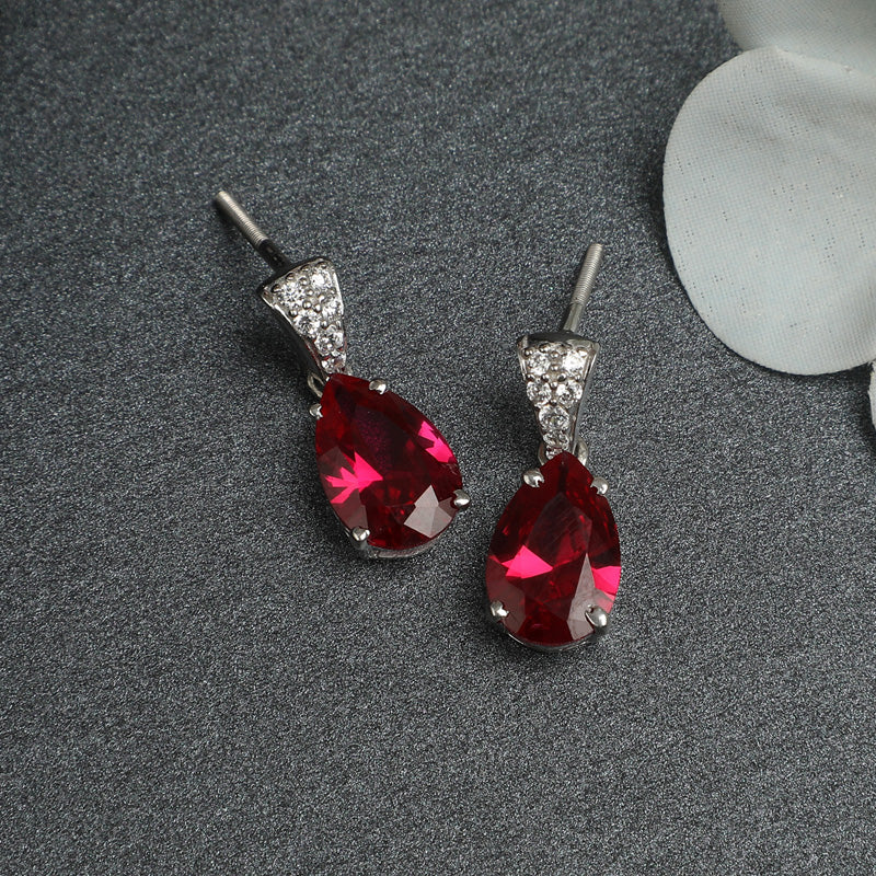 CLARA 925 Sterling Silver Blood Red Tear Drop Earring | Rhodium Plated, Swiss Zirconia | Gift for Women & Girls