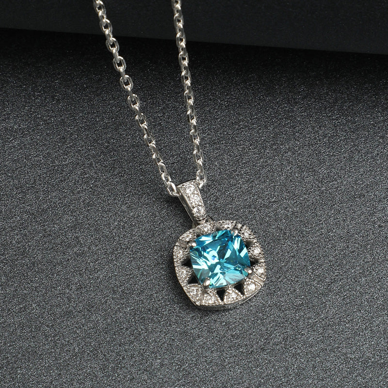 CLARA 925 Sterling Silver Sky Blue Cushion Pendant | Rhodium Plated, Swiss Zirconia | Gift for Women & Girls