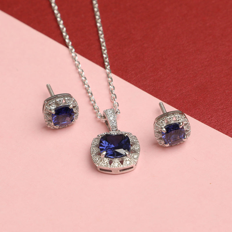 CLARA 925 Sterling Silver Royal Blue Cushion Pendant Earring Chain Jewellery Set | Rhodium Plated, Swiss Zirconia | Gift for Women & Girls