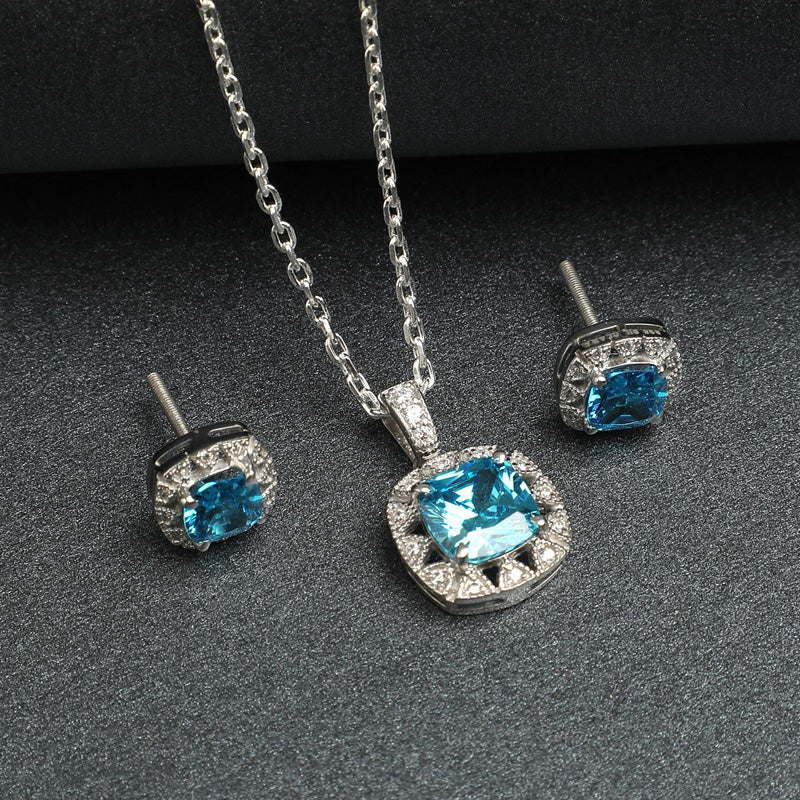 CLARA 925 Sterling Silver Sky Blue Cushion Pendant Earring Chain Jewellery Set | Rhodium Plated, Swiss Zirconia | Gift for Women & Girls