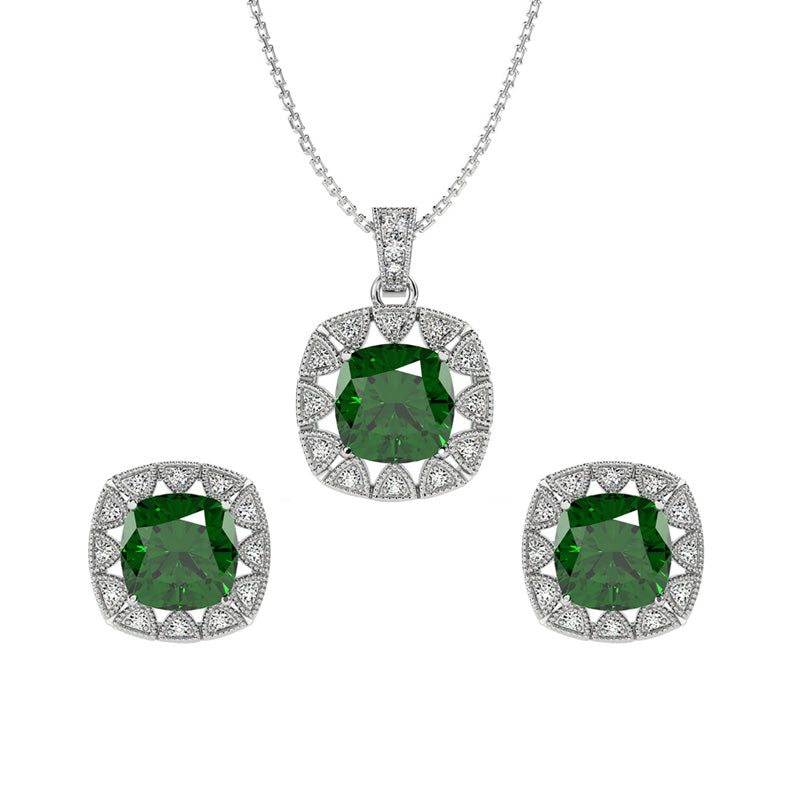 Silver Dark Green Cushion Jewellery Set