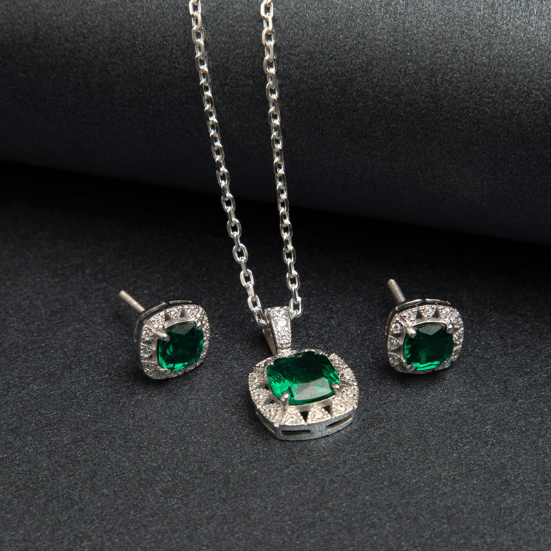 CLARA 925 Sterling Silver Dark Green Cushion Pendant Earring Chain Jewellery Set | Rhodium Plated, Swiss Zirconia | Gift for Women & Girls