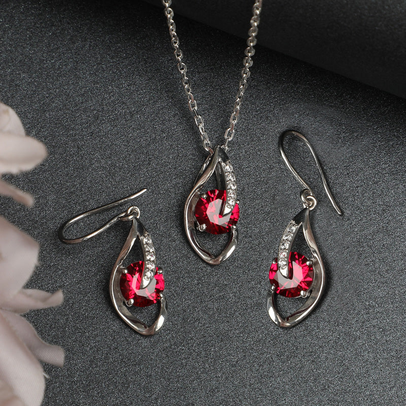CLARA 925 Sterling Silver Blood Red Eye Pendant Earring Chain Jewellery Set | Rhodium Plated, Swiss Zirconia | Gift for Women & Girls