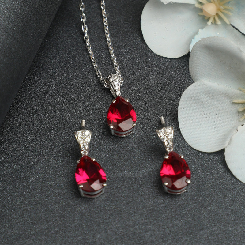 CLARA 925 Sterling Silver Blood Red Tear Drop Pendant Earring Chain Jewellery Set | Rhodium Plated, Swiss Zirconia | Gift for Women & Girls
