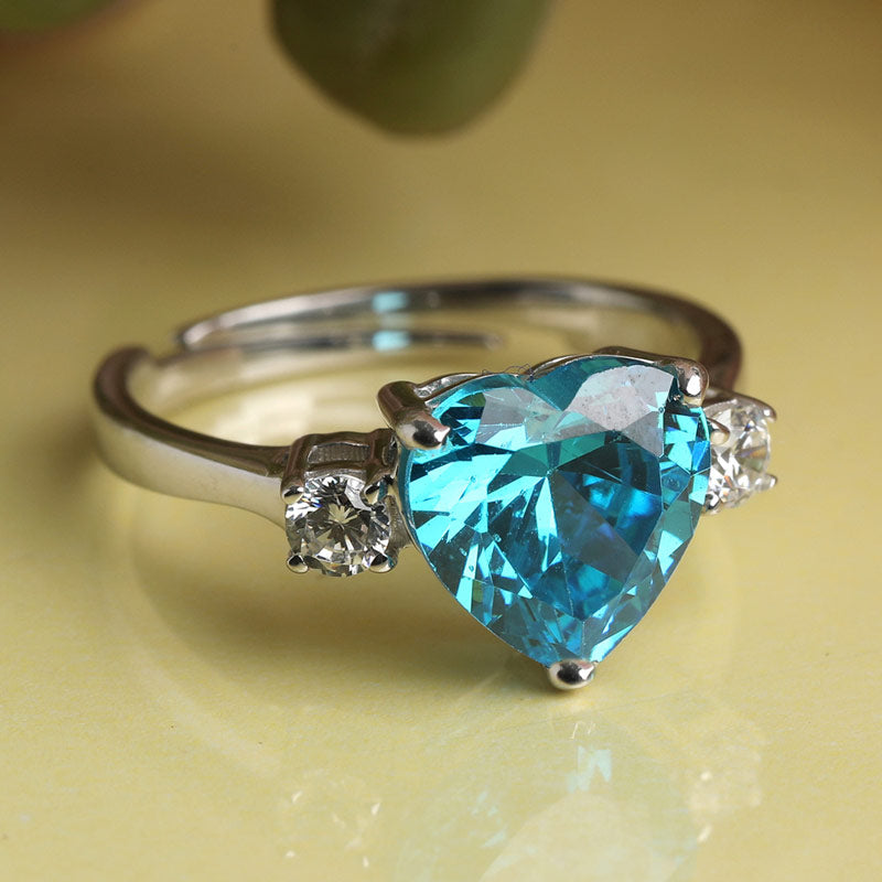 CLARA 925 Sterling Silver Sky Blue Heart Ring with Adjustable Band | Rhodium Plated, Swiss Zirconia | Gift for Women & Girls