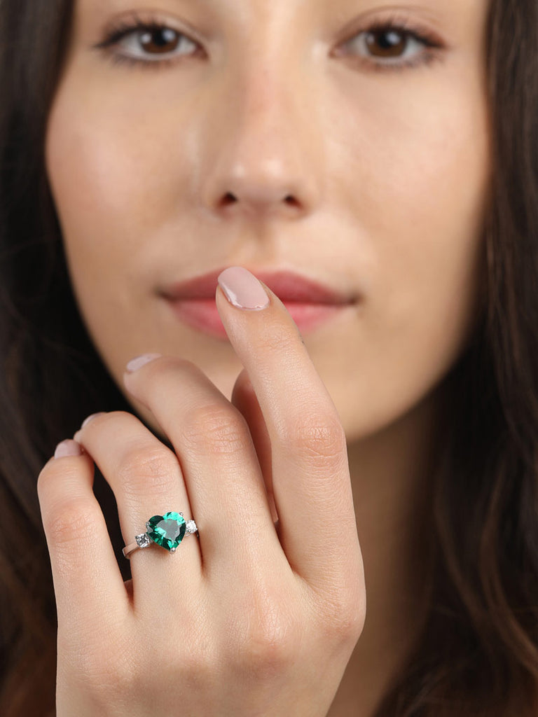 Silver Dark Green Heart Ring