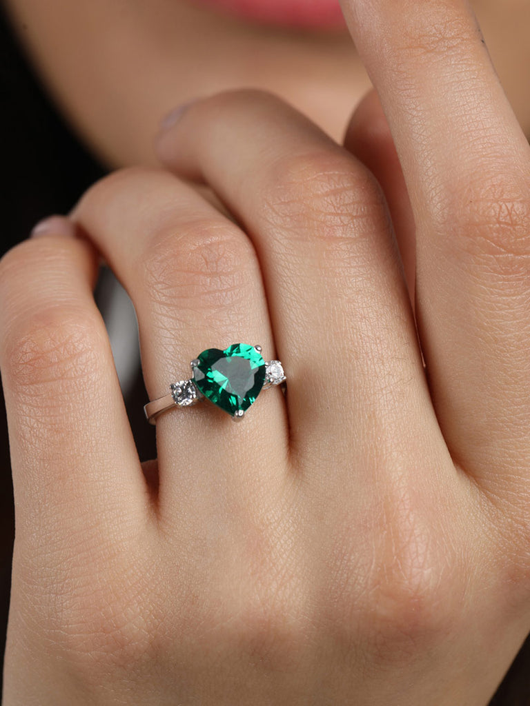 Silver Dark Green Heart Ring