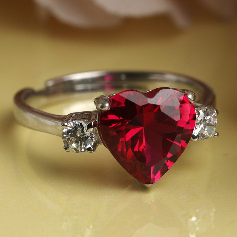 CLARA 925 Sterling Silver Blood Red Heart Ring with Adjustable Band | Rhodium Plated, Swiss Zirconia | Gift for Women & Girls