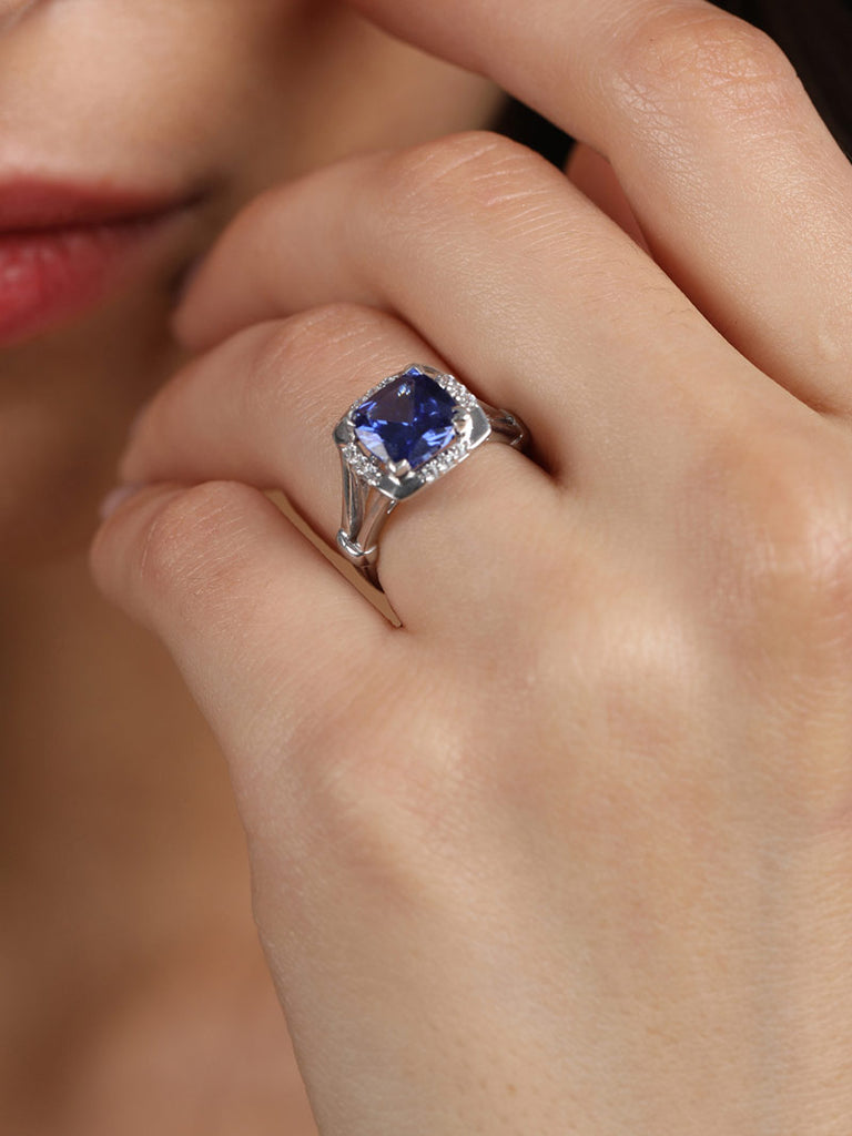Silver Royal Blue Cushion Ring