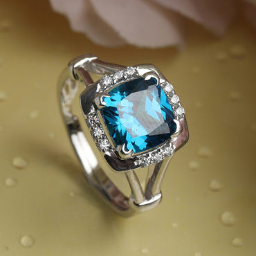 CLARA 925 Sterling Silver Sky Blue Cushion Ring with Adjustable Band | Rhodium Plated, Swiss Zirconia | Gift for Women & Girls