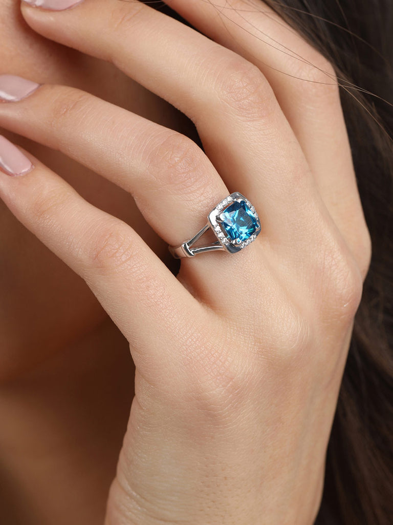Silver Sky Blue Cushion Ring