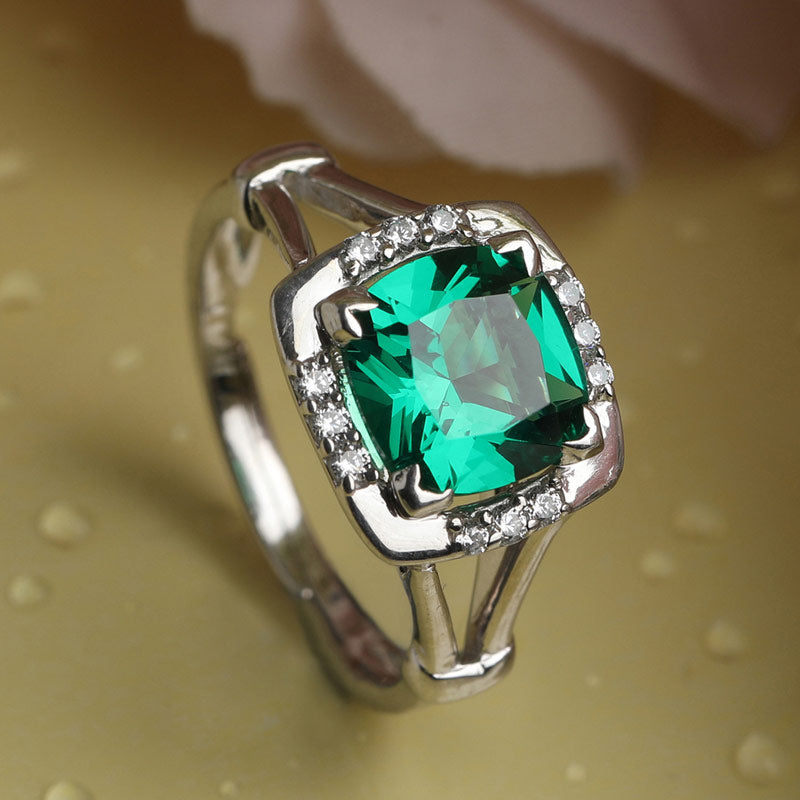 CLARA 925 Sterling Silver Dark Green Cushion Ring with Adjustable Band | Rhodium Plated, Swiss Zirconia | Gift for Women & Girls