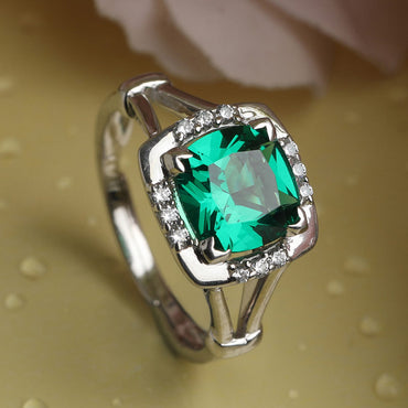 CLARA 925 Sterling Silver Dark Green Cushion Ring with Adjustable Band | Rhodium Plated, Swiss Zirconia | Gift for Women & Girls