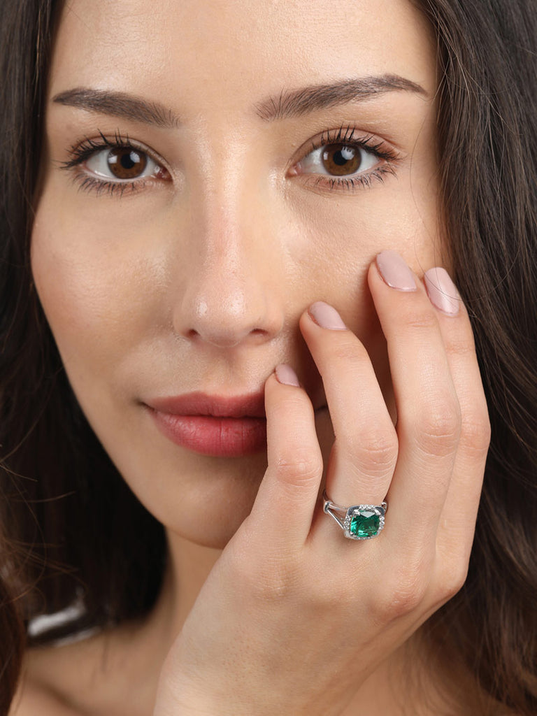 Silver Dark Green Cushion Ring