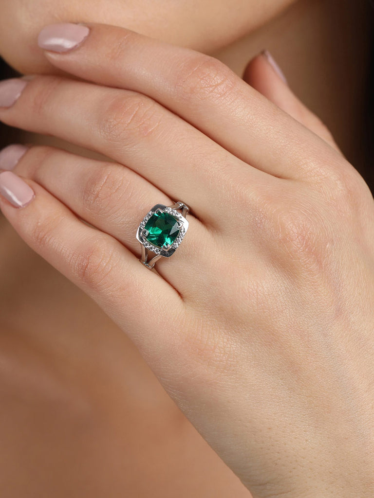 Silver Dark Green Cushion Ring