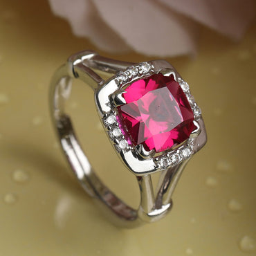 CLARA 925 Sterling Silver Blood Red Cushion Ring with Adjustable Band | Rhodium Plated, Swiss Zirconia | Gift for Women & Girls