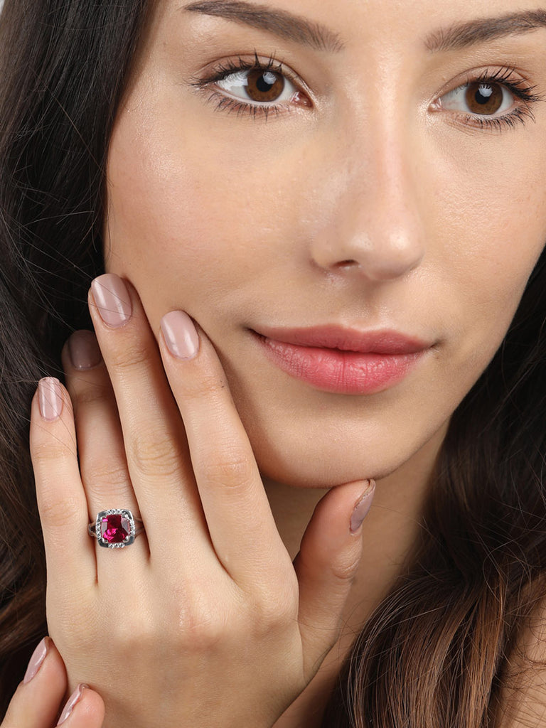 Silver Blood Red Cushion Ring