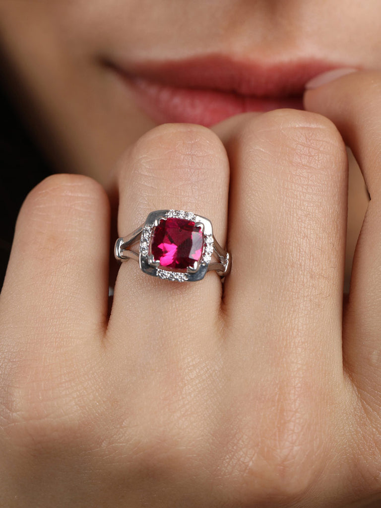 Silver Blood Red Cushion Ring