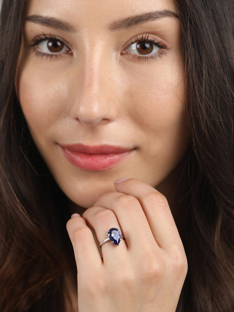 Silver Royal Blue Tear Drop Ring