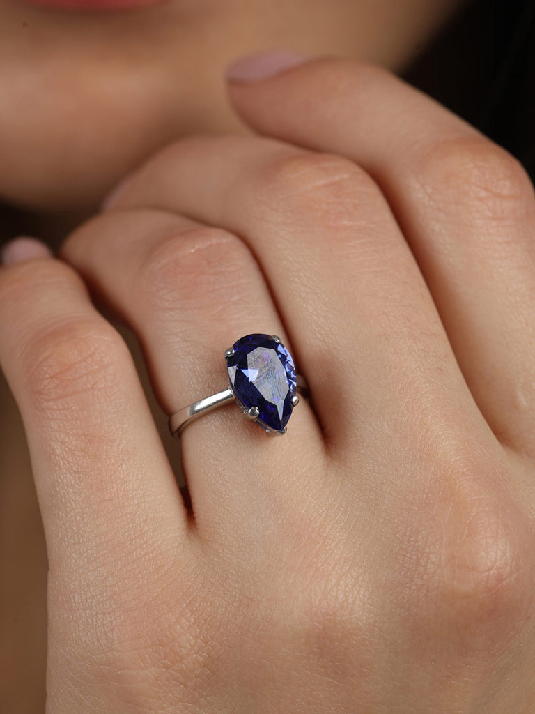 Silver Royal Blue Tear Drop Ring
