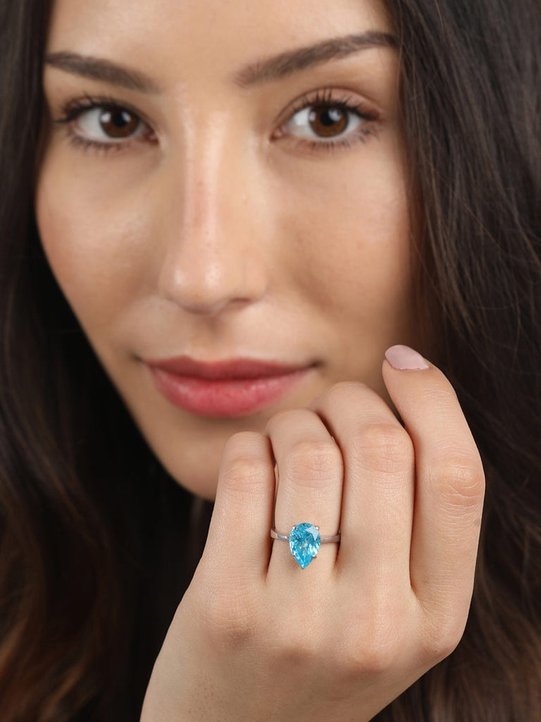 Silver Sky Blue Tear Drop Ring