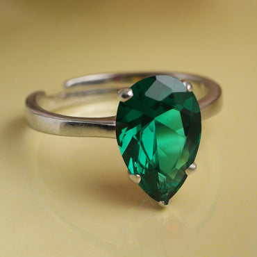 CLARA 925 Sterling Silver Dark Green Tear Drop Ring with Adjustable Band | Rhodium Plated, Swiss Zirconia | Gift for Women & Girls