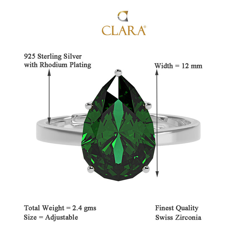Silver Dark Green Tear Drop Ring