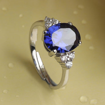 CLARA 925 Sterling Silver Royal Blue Oval Ring with Adjustable Band | Rhodium Plated, Swiss Zirconia | Gift for Women & Girls