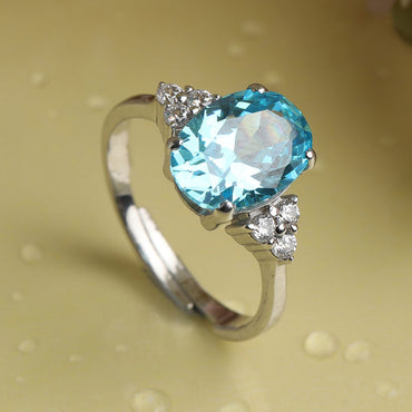 CLARA 925 Sterling Silver Sky Blue Oval Ring with Adjustable Band | Rhodium Plated, Swiss Zirconia | Gift for Women & Girls