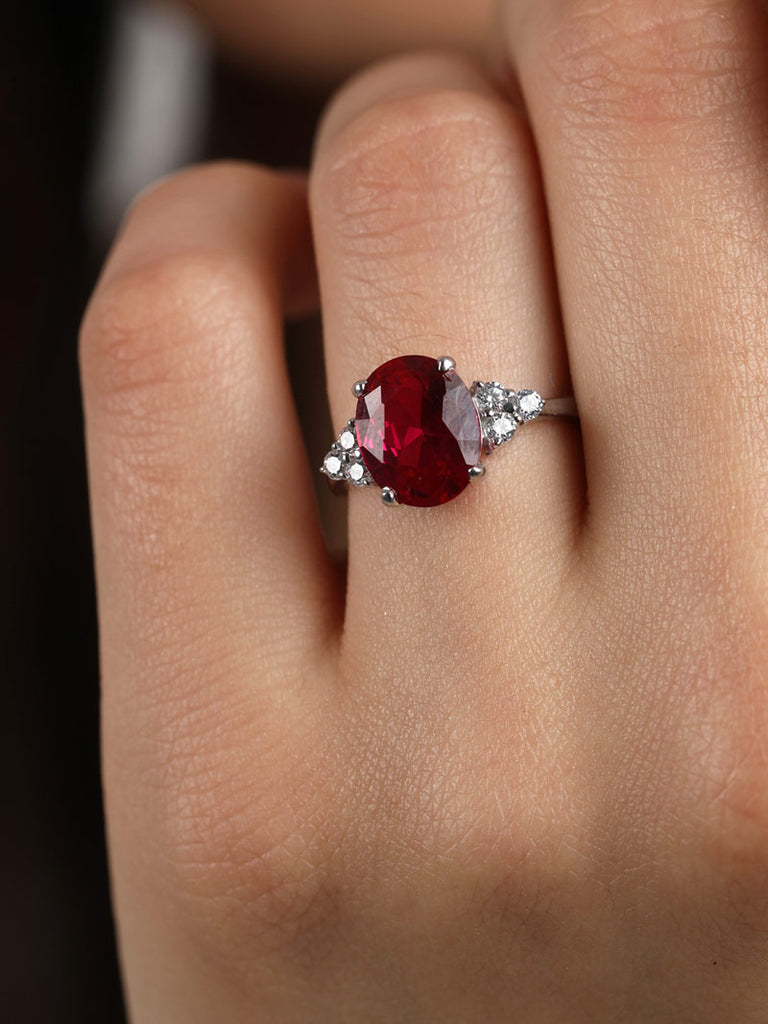 Silver Blood Red Oval Ring
