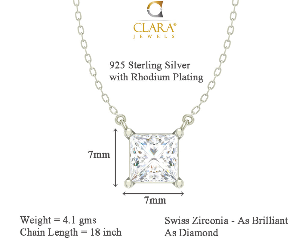 CLARA 925 Sterling Silver Rhodium Plated Square Pendant with Chain Gift for Women & Girls