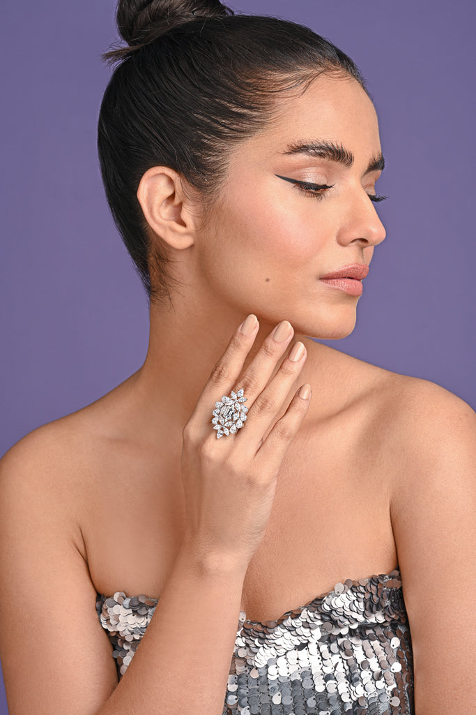 Clara 925 Sterling Silver Long Adjustable Cocktail Ring 