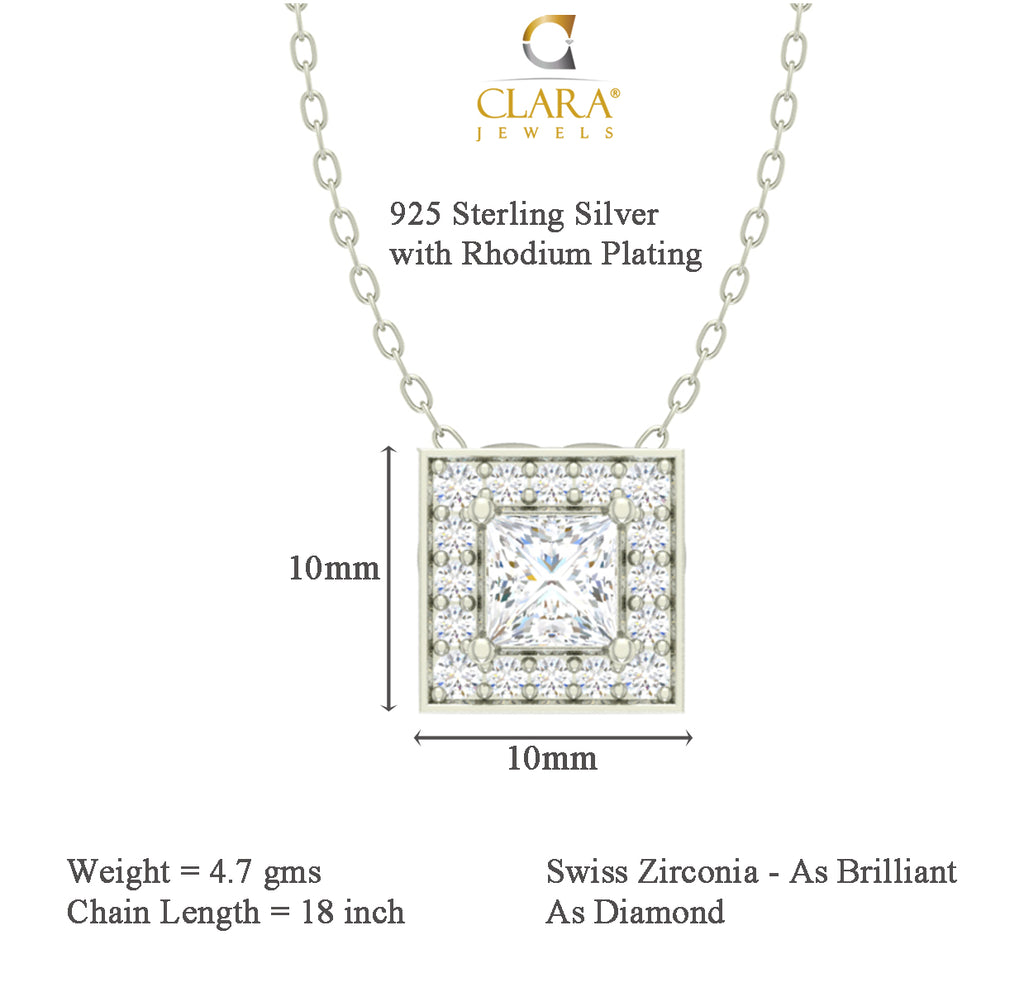 CLARA 925 Sterling Silver Rhodium Plated Princess Pendant with Chain Gift for Women and Girls