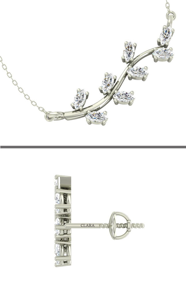 CLARA 925 Sterling Silver Rhodium Plated Leaf Pendant Earring Necklace Set with Chain Gift for Women and Girls