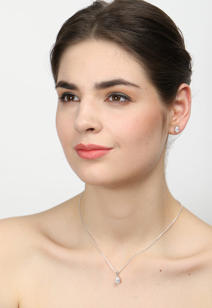 CLARA 925 Sterling Silver Rhodium Plated Pear Pendant Earring Necklace Set with Chain Gift for Women and Girls