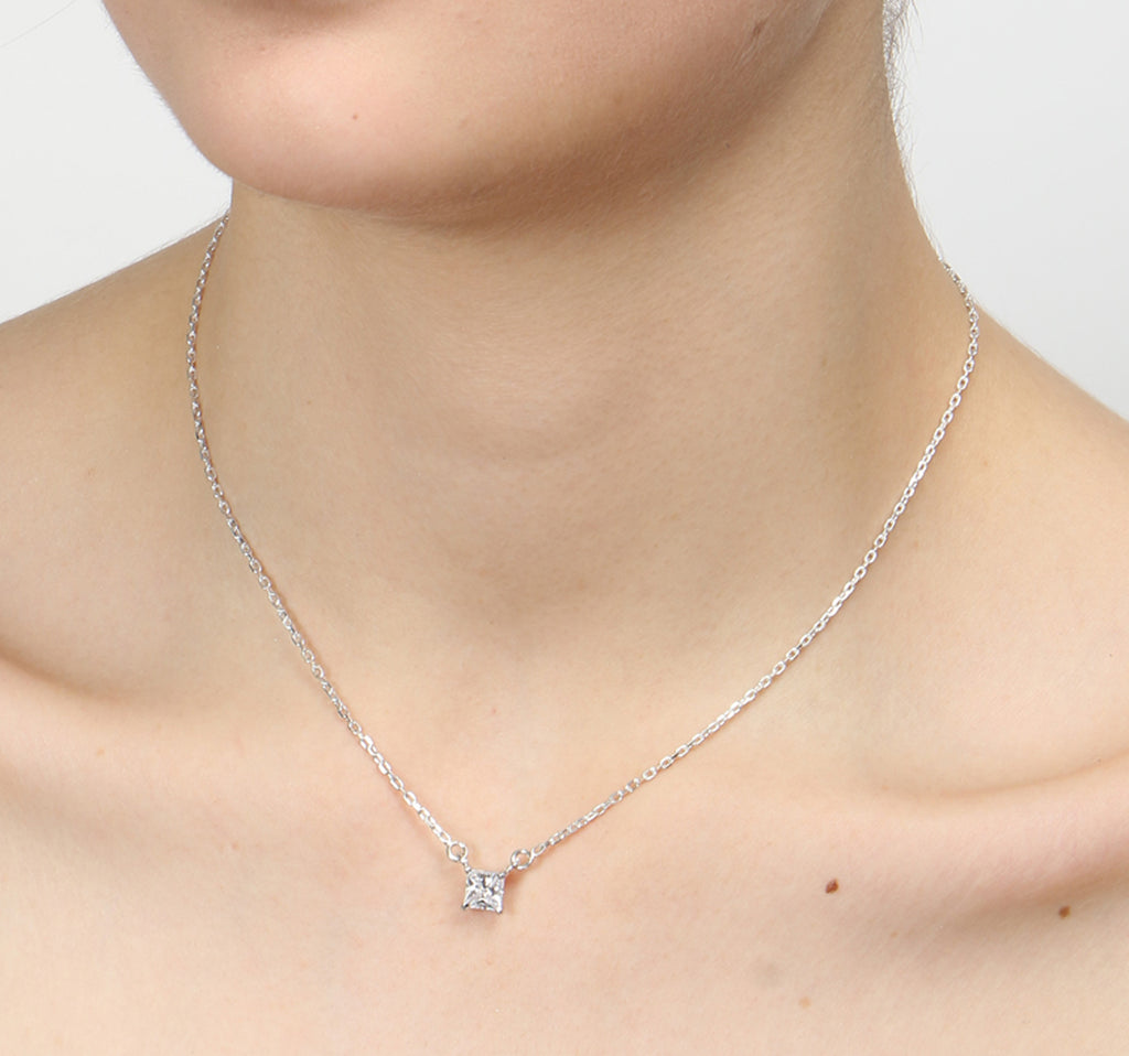 CLARA 925 Sterling Silver Rhodium Plated Square Pendant with Chain Gift for Women & Girls