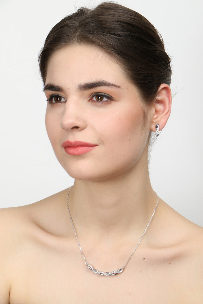 CLARA 925 Sterling Silver Rhodium Plated Twist Pendant Earring Necklace Set with Chain Gift for Women and Girls