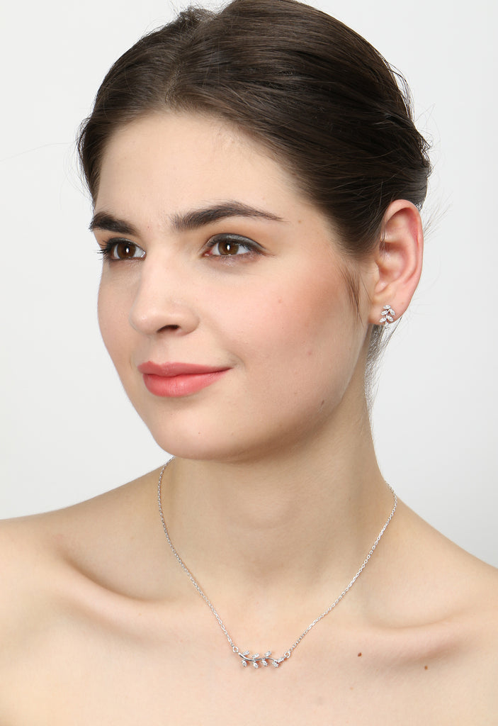 CLARA 925 Sterling Silver Rhodium Plated Leaf Pendant Earring Necklace Set with Chain Gift for Women and Girls