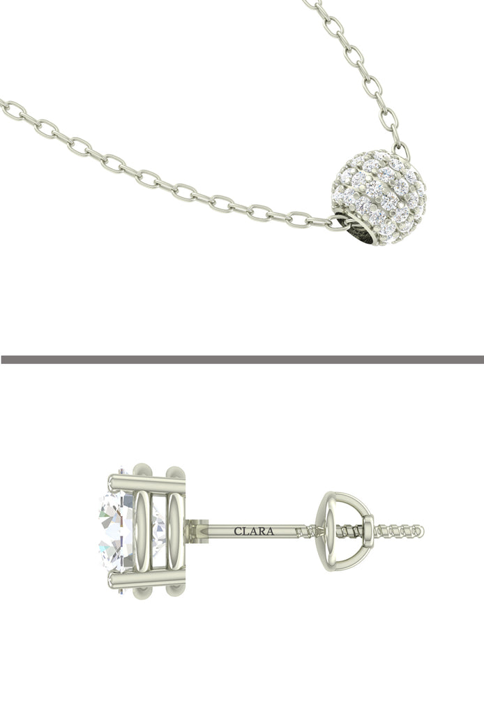 CLARA 925 Sterling Silver Rhodium Plated Ball Pendant Earring Necklace Set with Chain Gift for Women and Girls